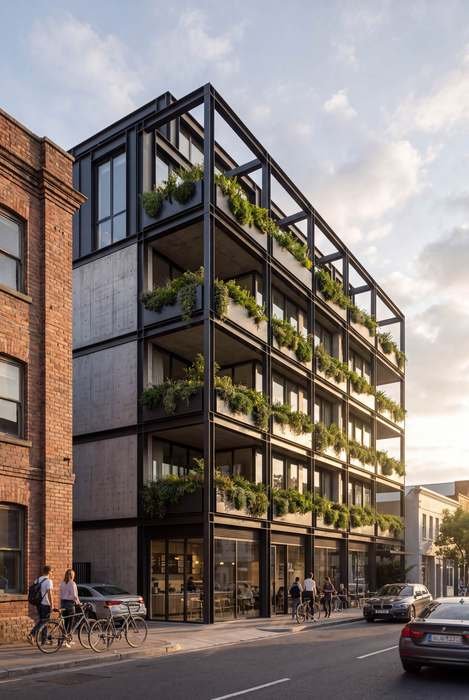 Building facade, dusk street view