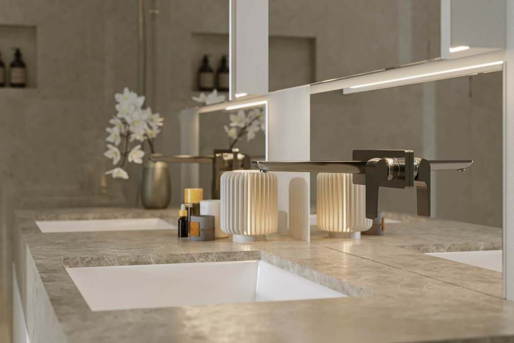 Bathroom vanity, wall-mounted tap detail