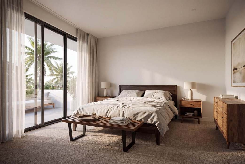 Bedroom with palm view, dark wood