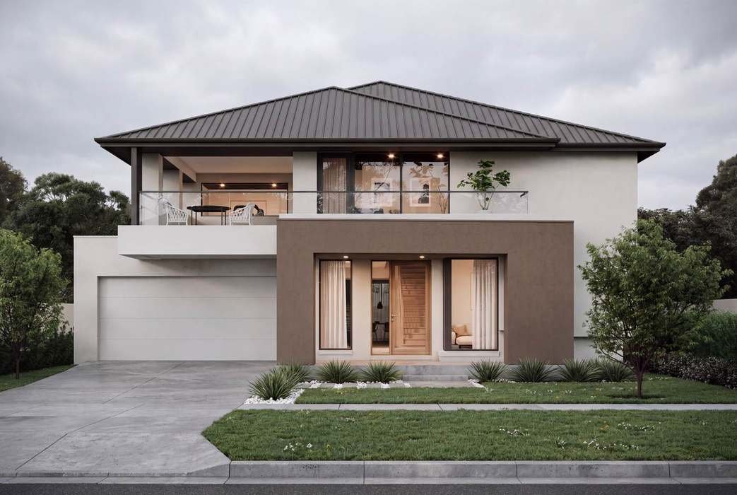 Two-storey house facade, brown render