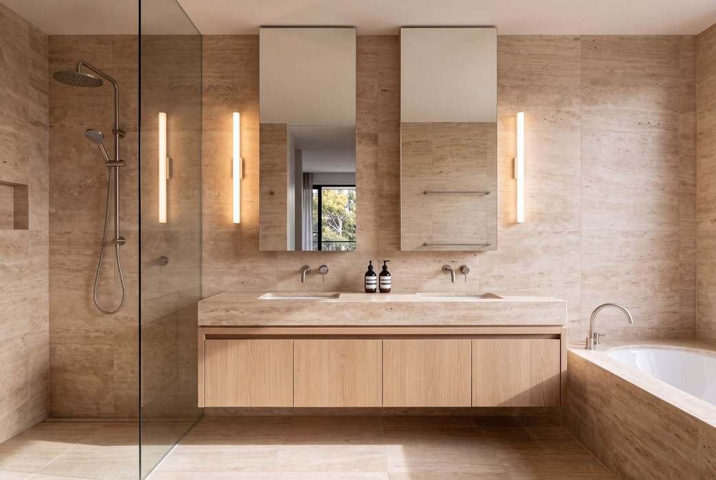 Travertine bathroom, double vanity