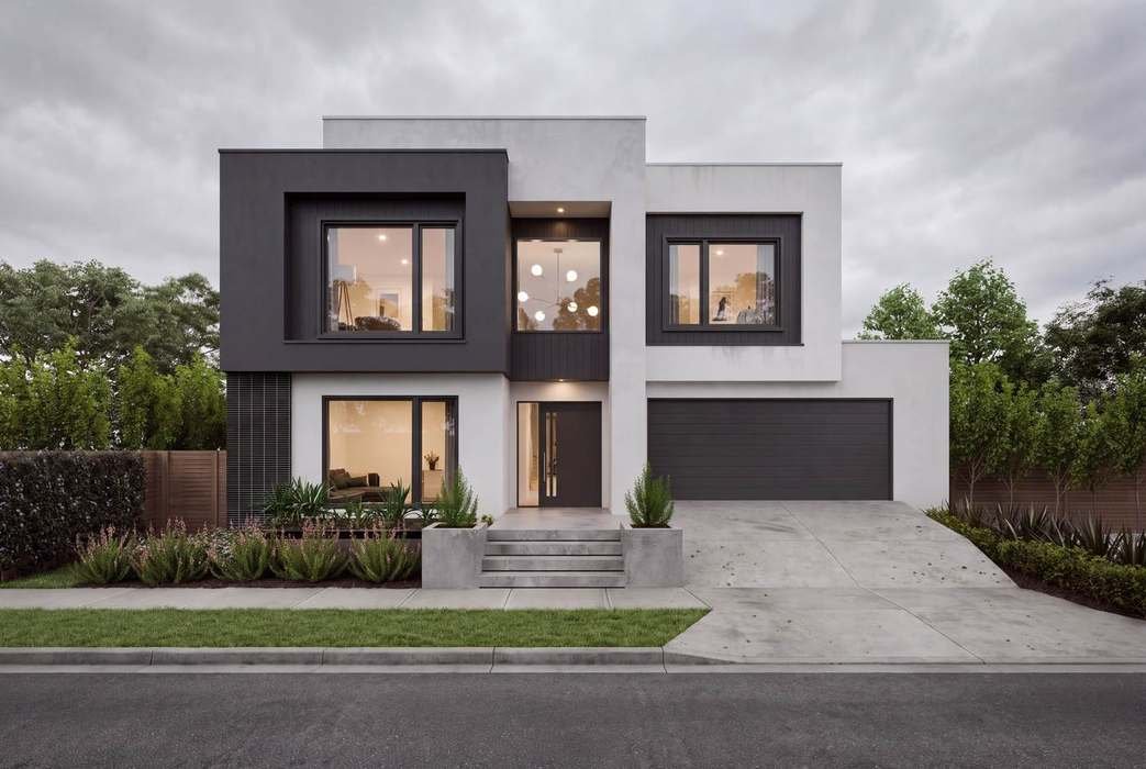 Two-storey house facade, dusk balcony